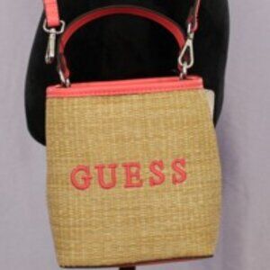 NWT Guess Straw Crossbody Bucket Bag – Coral Pink Trim, Top Handle